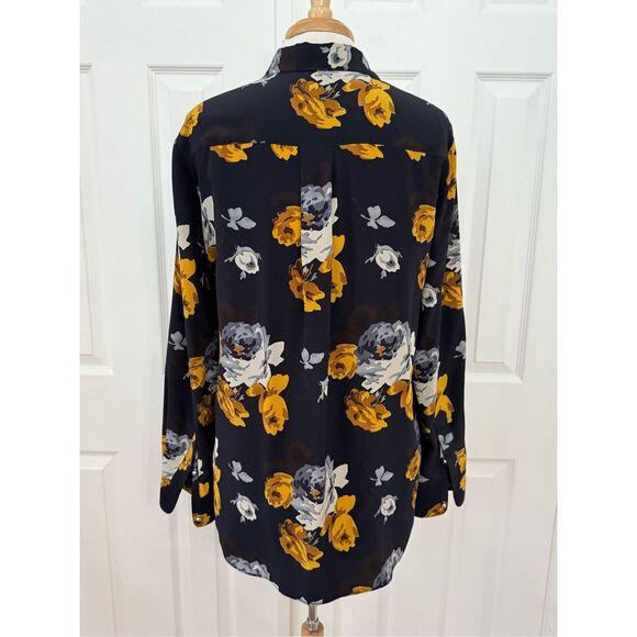 Theory Womens Navy Gold Sunaya Floral Silk Long Sleeve Button Up Blouse Medium - Picture 3 of 6